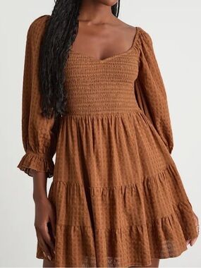 Smocked Square-Neck Brown Tiered Mini Dress